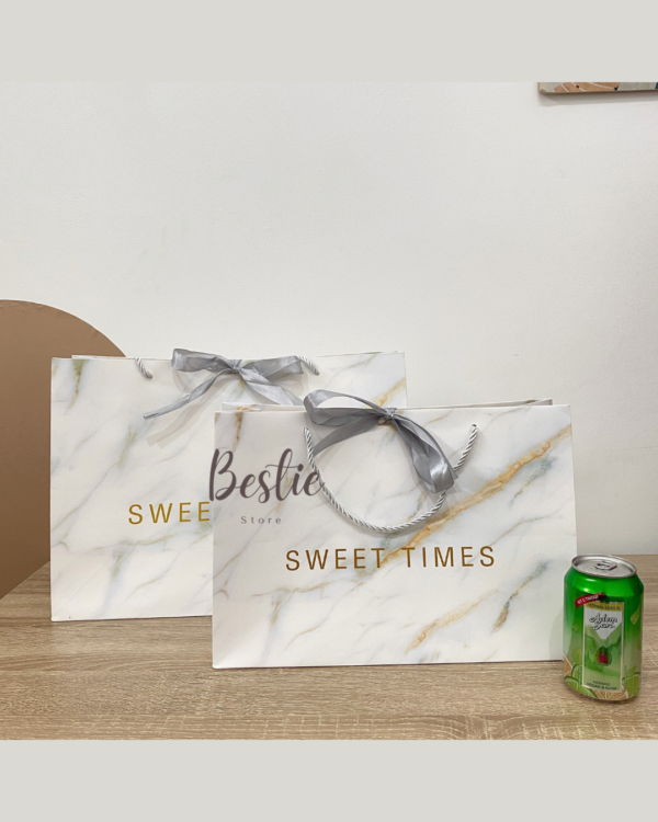 Bestie Paper Bag Paperbag Aesthetic Korea Tas Karton Kado Hadiah Gift Bag Pita Silver Marble Banyak Size Premium - Image 2