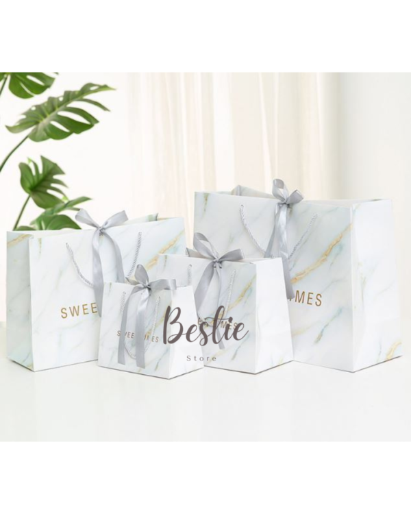 Bestie Paper Bag Paperbag Aesthetic Korea Tas Karton Kado Hadiah Gift Bag Pita Silver Marble Banyak Size Premium