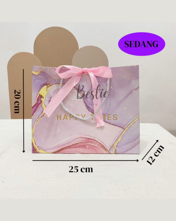 Paper Bag Paperbag Aesthetic Korea Tas Kantong Karton Kado Hadiah Gift Bag Pita Ungu Marble Banyak Size Premium - Image 3