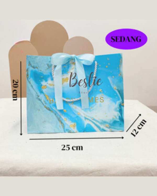 Paper Bag Paperbag Aesthetic Korea Tas Kantong Karton Kado Hadiah Gift Bag Pita Biru Marble Banyak Size Premium - Image 4
