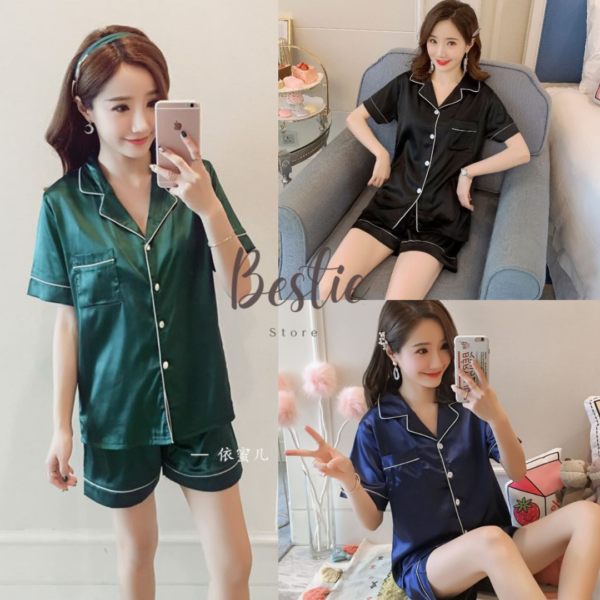 Baju Tidur Piyama Satin Polos Setelan Lengan Pendek Celana Pendek Wanita Busui Full Kancing Import