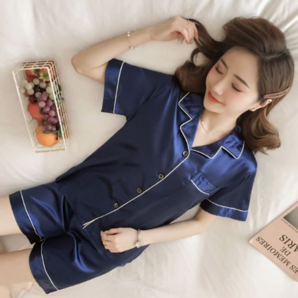Baju Tidur Piyama Satin Polos Setelan Lengan Pendek Celana Pendek Wanita Busui Full Kancing Import - Image 5