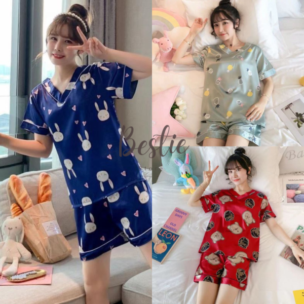 Setelan Piyama Baju Tidur Wanita Satin Motif Lucu Imut Lengan Pendek Celana Pendek Import Premium