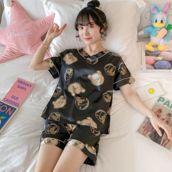 Setelan Piyama Baju Tidur Wanita Satin Motif Lucu Imut Lengan Pendek Celana Pendek Import Premium - Image 3