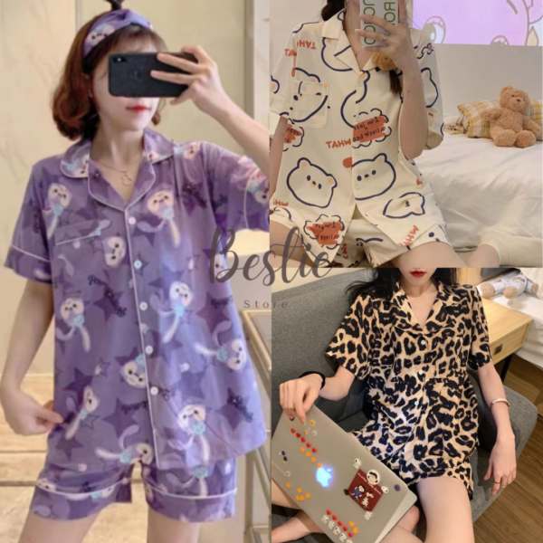 Piyama Setelan Baju Tidur Remaja Wanita Celana Pendek KancingMotif Kartun Cinnamon Roll Bear Lucu Import