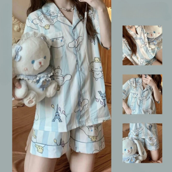 Piyama Setelan Baju Tidur Remaja Wanita Celana Pendek KancingMotif Kartun Cinnamon Roll Bear Lucu Import - Image 2