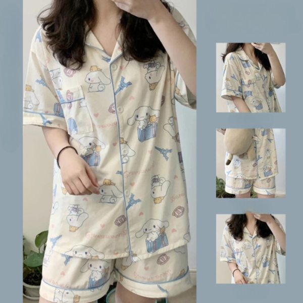 Piyama Setelan Baju Tidur Remaja Wanita Celana Pendek KancingMotif Kartun Cinnamon Roll Bear Lucu Import - Image 4