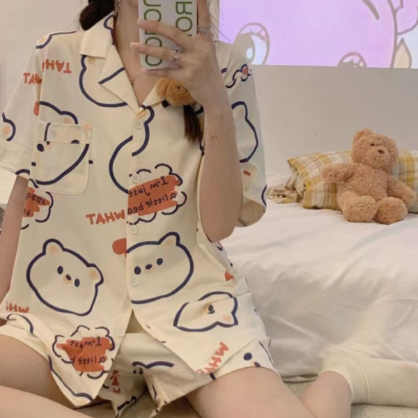 Piyama Setelan Baju Tidur Remaja Wanita Celana Pendek KancingMotif Kartun Cinnamon Roll Bear Lucu Import - Image 5